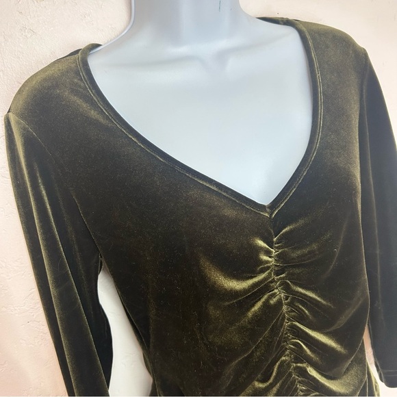 XOXO Vtg 90s Y2K Velvet Ruched Olive Green Top M Whimsigoth Witchy Fairy Grunge - Picture 5 of 9